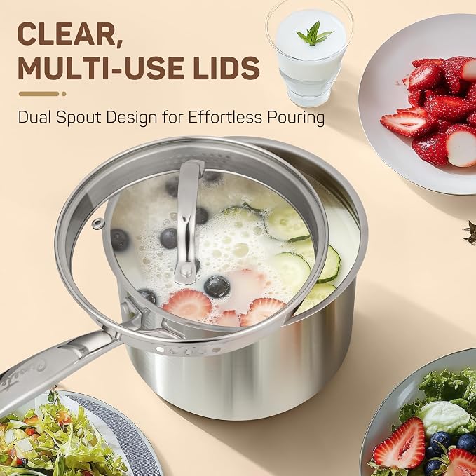 Ciwete 3 Qt Stainless Steel Saucepan with Glass Strainer Lid, 3 Quart Pot Stainless Steel Sauce Pan with Pour Spout, Mirror Polishing, Compatible with All Cooktops Dishwasher Safe Oven Safe - Image 3