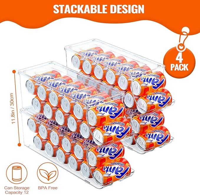 SCAVATA 4 Pack Soda Can Organizer for Refrigerator, Stackable Canned Food Pop Cans Container Can Holder Dispenser with Lid for Fridge Rack Freezer, Clear Storage Bins-Holds 12 Cans Each (Transparent) - Image 2