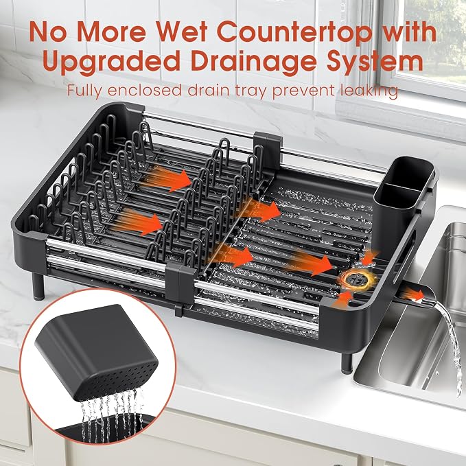 TOOLF Expandable Dish Drying Rack for Kitchen Counter, Standard, Black - Image 7