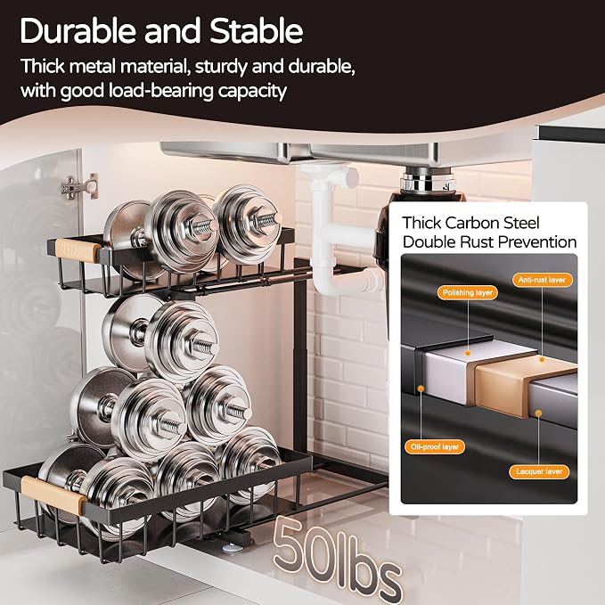 ADBIU Under Sink Organizer, 2 Pack 2 Tier Expandable Height (13.2" - 17.2") Pull out Kitchen Bathroom Cabinet Organizers and Storage Shelf - Image 7