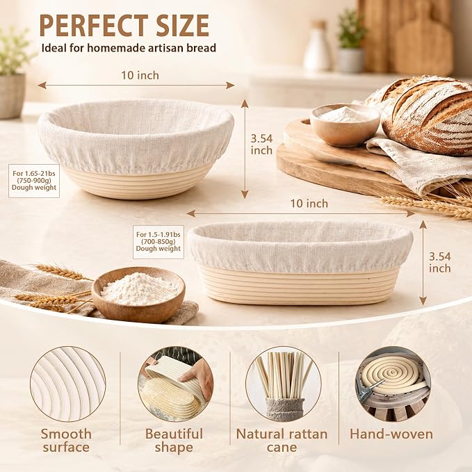 PeacePeo Sourdough Starter Kit 27Pcs with Round and Oval Banneton Basket | Handwoven Rattan Baskets with Linen Liners Scoring Tools and Dough Accessories for Beginners, Home Bakers Making Bread - Image 2