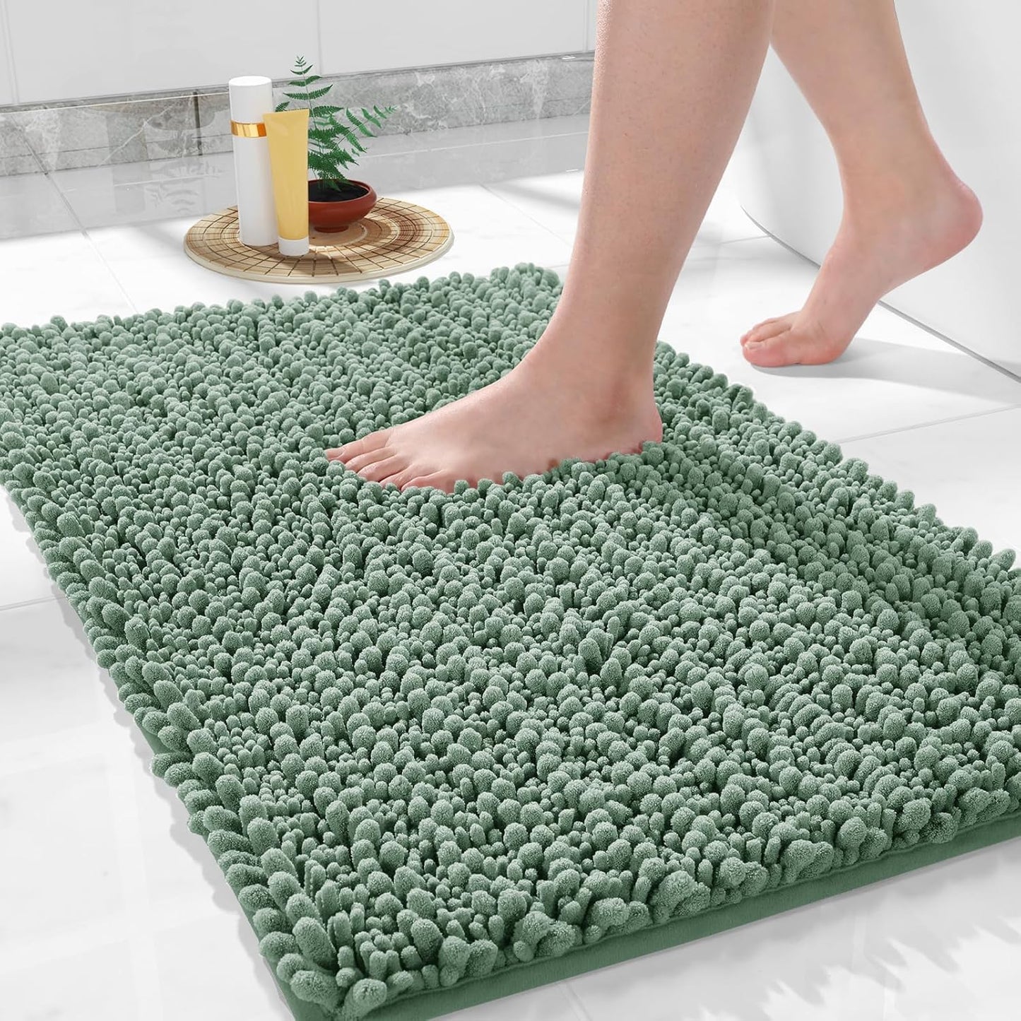 Yimobra Bathroom Rugs Non Slip Washable 24x17 Inch - Ultra Soft Absorbent Chenille Bath Mat, Quick Dry Shaggy Floor Carpet for Tub Shower, Green Home Decor Accessories