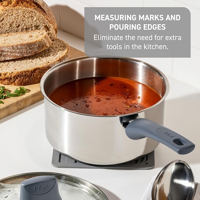 T-fal Essentials Stainless Steel Sauce Pan with Lid 3.2 Quart, All Cooktops Including Induction, Oven Safe 350F, Multipurpose Saucepan, Chef's Classic Pot,Measuring Marks, Dishwasher Safe Silver/Blue - Image 3