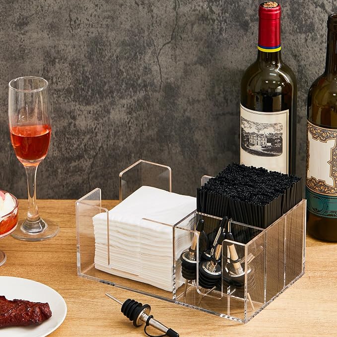 Mifoci 2 Pcs Bar Caddy with 6 Compartments, Bar Napkin Holder Organizer Cocktail Straws and Toothpicks Condiments for Home Office Kitchen Countertop, 9.5 L x 5.9 W(Acrylic) - Image 4