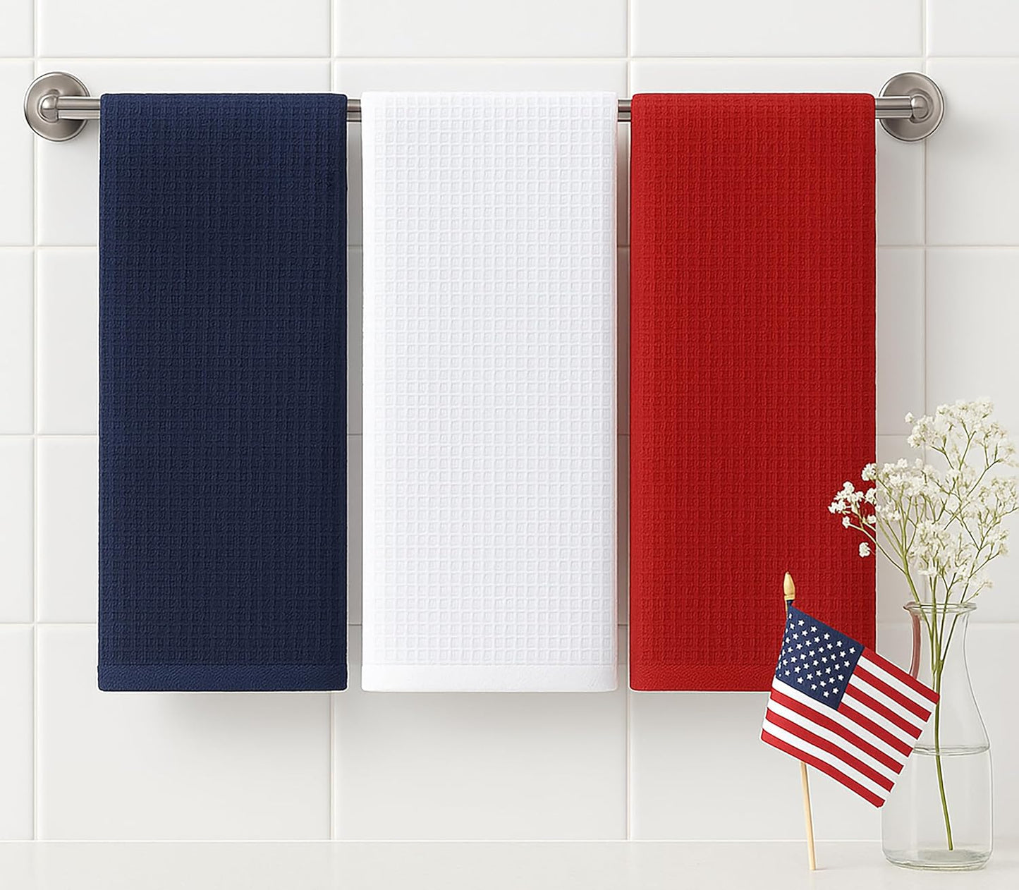 PurpleEssences 4th of July Waffle Weave Kitchen Towel, 100% Cotton - 15 x 25 Inches, with Hanging Loop Ultra Soft Absorbent Quick Drying Dish Cloth, Tea & Hand Towels, 6 Pack Labor Day Red Blue White