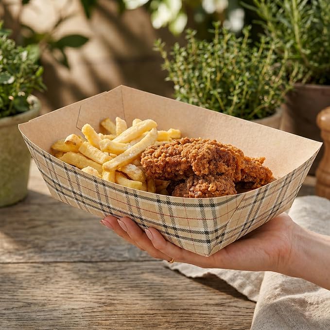 Restaurantware-Bio Tek 2 Pound Food Trays, 50 Disposable Paper Food Trays - Heavy-Duty, Greaseproof, Plaid Paper Boats, For Snacks, Appetizers, Or Treats, Use At Parties Or Carnivals - Image 5