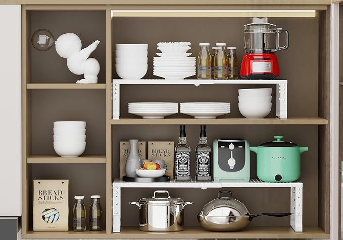 Jojocross Expandable Adjustable Stackable Kitchen Organizer, Spice Rack,Metal Pantry Storage Shelves Racks,Counter Shelf for Cabinets, Countertop, Cupboard(2 Packs/Large/White) - Image 6