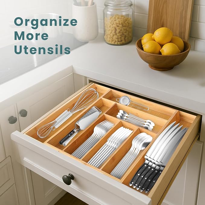 Sben Bamboo Cutlery Drawer Organizer, Expandable up to 19.7 Inch Silverware Drawer Organizer with 8 Compartments, Utensil Tray and Flatware Organizer for Kitchen Drawers (Bamboo, Large) - Image 3