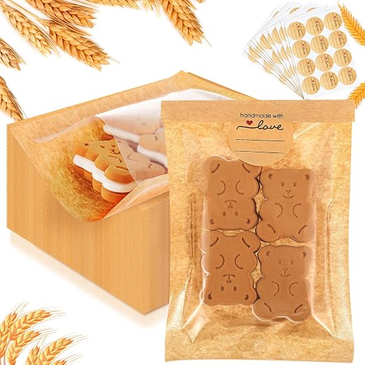 Outus 100 Pcs Cookie Packaging Bags with Seal, 4 x 6 Inch, Brown | Bakery Pastry Bags with Window, Heat Sealable Grease Resistant Paper to Go Bake Sleeves for Gift Giving Donut Bread Sandwich by Outus