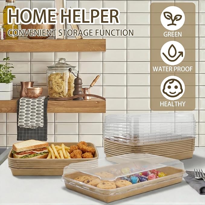 30 Pack Disposable Kraft Paper Food Trays With Clear Lids, 25oz | 10 x 6.5 x 2 inch Large Rectangle Take‑out Containers, Heavy‑duty Meal Storage Boxes for Food, Perfect for Next Day Lunch, Party - Image 3