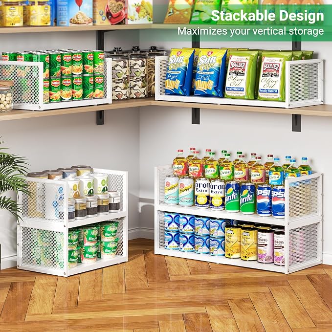 2 Pack Expandable Storage Cabinet, Stackable Pantry and Kitchen Organizers Shelf, Countertop Cabinet Storage Shelves Organizers, Spice Rack, Metal Storage Bins for Spice Can Plate Mug Cups, White - Image 6