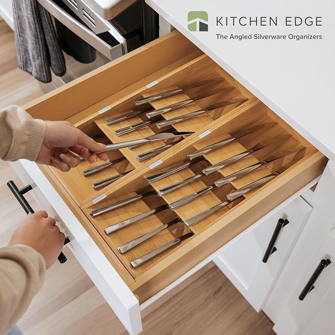 KitchenEdge Slanted Cutlery & Flatware Organizer, 2 Pack, Bamboo - Image 2