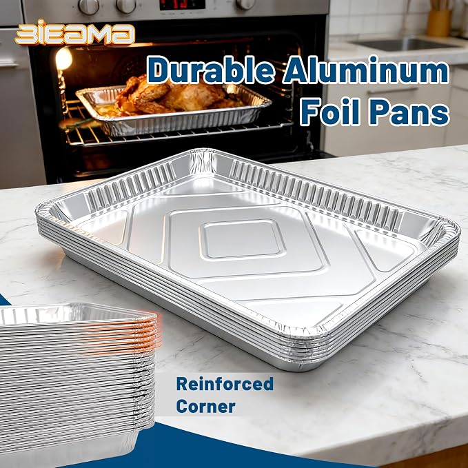 BIEAMA 100 Pack Aluminum Pans 18" x 13" Half Size Disposable Foil Pans | Extra Thick Heavy Duty Deep Aluminum Steam Table Trays for Baking, Cooking, Catering - Image 3