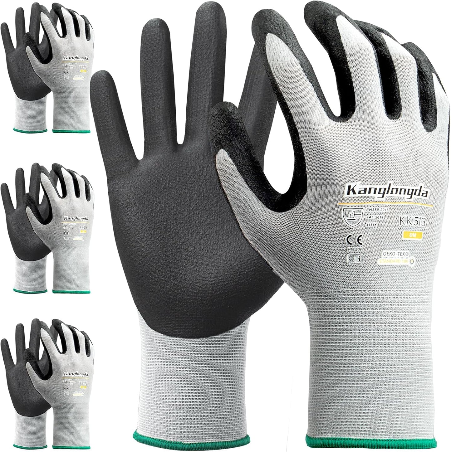 3-Paris Large Work Gloves for Men and Women, Nitrile Coated Safety Protective Gloves with Grip, Ideal for Gardening, Warehouse, Mechanic, Light Duty Construction Work