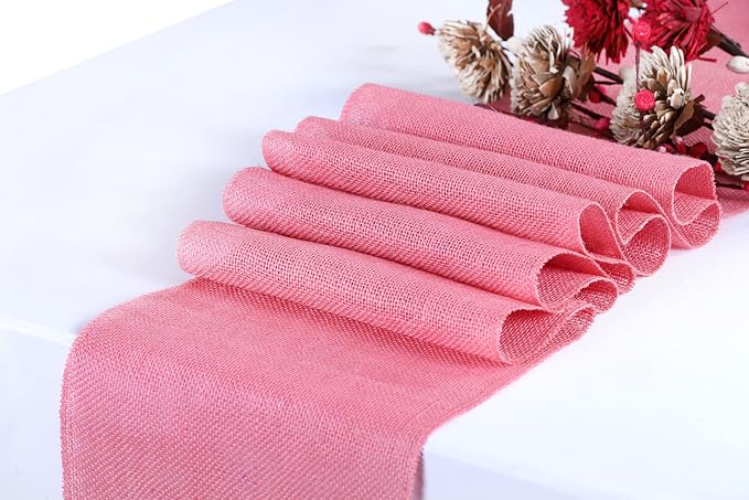MDS® Pack of 25 Natural Burlap Table Runner, 12 x 72 Inch, Jute Rustic Farmhouse Boho Table Decor for Wedding Reception, Dining Table, Bridal Shower, Baby Shower & Party Decorations - Pink - Image 2