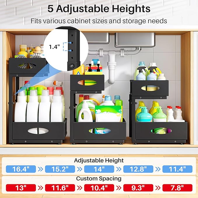 Under Sink Organizer, 2 Pack 2 Tier Pull Out Under Cabinet Organizer Shelf with Pad for Framed Cabinets, Metal Slide Out Under Sink Storage, Mesh Sliding Drawers for Kitchen Bathroom Laundry, Black - Image 6