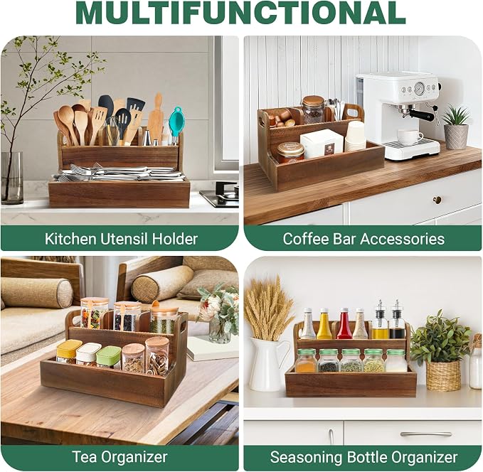Kitchen Utensil Holder for Countertop with 4 Compartments Acacia Large Utensil Holder Wooden Storage for Cooking,Baking,Flatware Tool Kitchen Utensil Organizer - Image 8