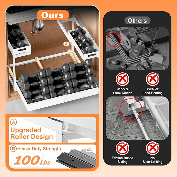 Upgrade 1 Pack Expandable Under Sink Organizer: 2-Tier Pull Out Cabinet with 3 Heavy-Duty Ball-Bearing Slide Rails, Tool-Free Height Adjustable, Slide-Out Drawers for Kitchen, Bathroom, Laundry - Image 2