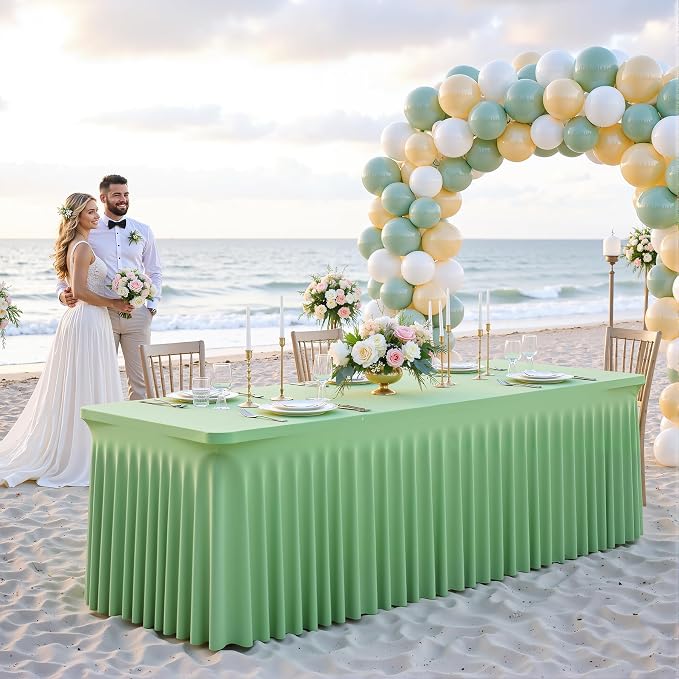 gogoparti 4 Pack Spandex Sage Green Fitted Table Cloth for 8ft Rectangle Tables Sage Green Stretch Tablecloth Table Covers Skirt Banquet Wrinkle Free Tablecloths for Parties Wedding - Image 4