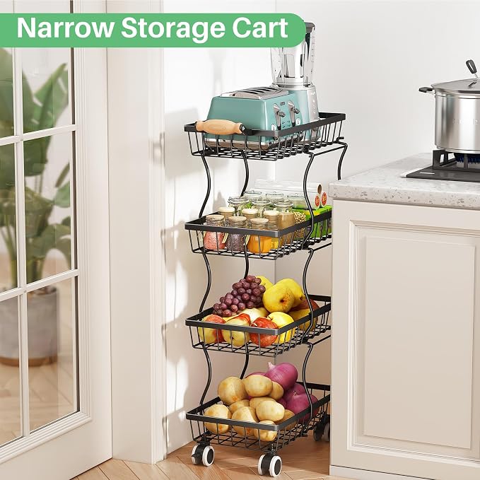 SAYZH 4-Tier Fruit Basket Stand with Vegetable Baskets for Kitchen, Black | Stackable Metal Wire Basket, Sturdy Rolling Storage Carts for Kitchen, Pantry Organizer, Snack and Jar Storage - Image 3