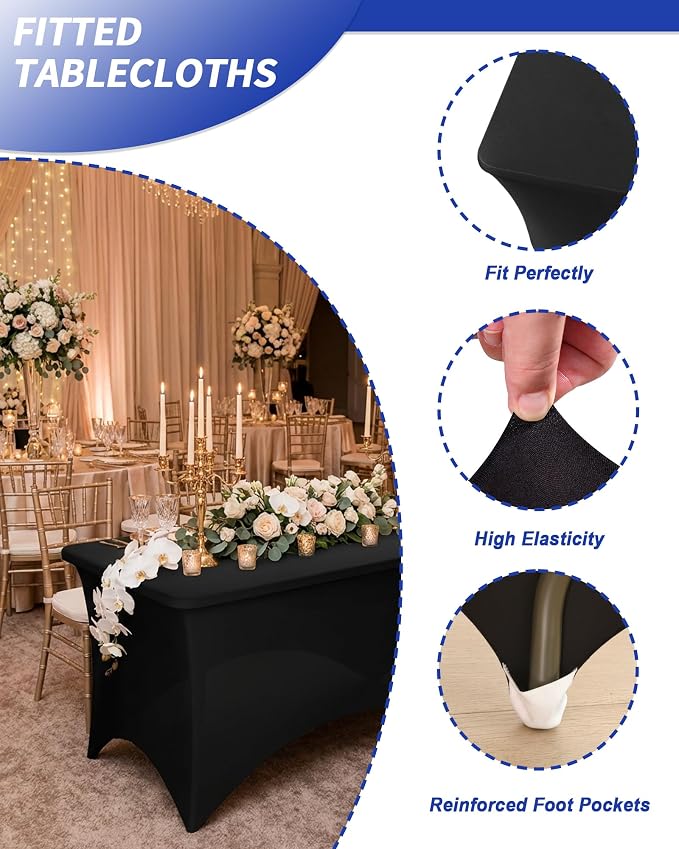 Fixwal 2 Pack 4FT Black Tablecloth Rectangle Spandex Fitted Table Cover - Image 4