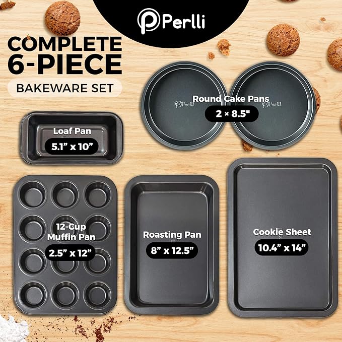 PERLLI Non-Stick 6-Piece Bakeware Set – Carbon Steel with Even Heat Distribution, Oven Safe to 446°F, BPA-Free, Dishwasher Safe, Stackable Baking Tools for Easy Storage and Everyday Cooking - Gray - Image 2