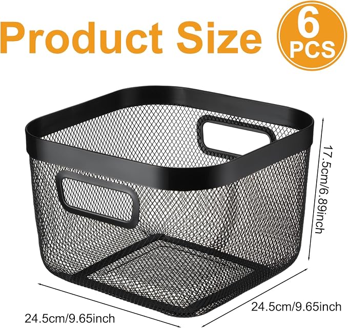 MorningRo 6 Pack Metal Mesh Basket with Hollow Handles Black Wire Storage Bin for Organizing Stackable Metal Fine Mesh Basket for Pantry Bathroom Kitchen Cabinets Shelves (Medium) - Image 2