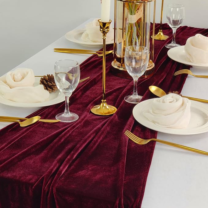 Table Runner 20 x 120 Inches Long Burgundy Wedding Table Runners, Velvet Table Runner for Home Holiday Party Table Decorations 10ft - Image 5
