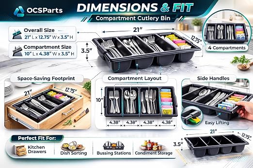 OCS Parts 6-Pack 4-Compartment Cutlery Bins | Black | Heavy Duty Silverware and Cutlery Organizer Trays for Kitchen Organization, Dishes, and Drawer Organization - Image 4