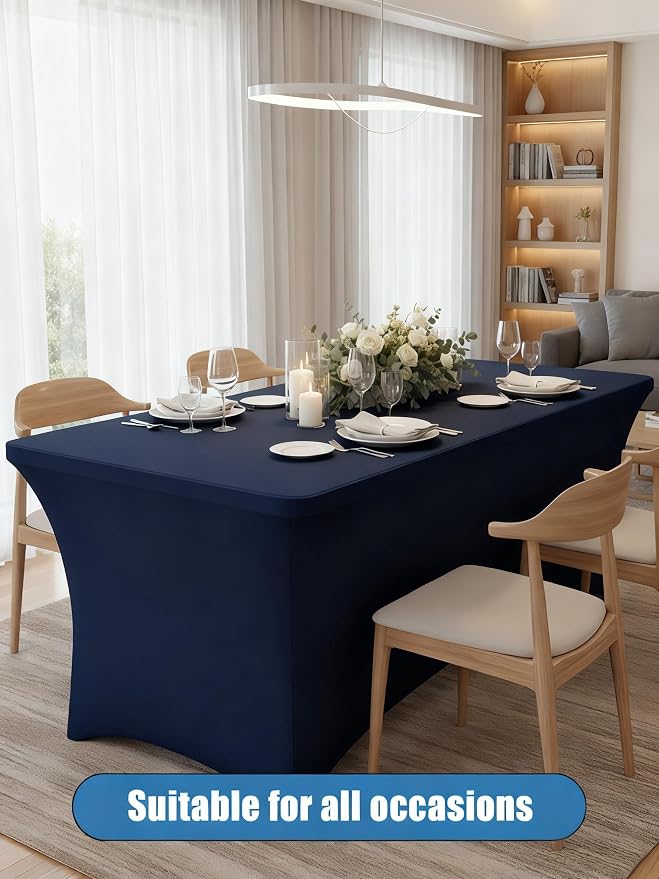 6FT Navy Blue Table Cloth - 2 Pack Fitted Stretch Rectangle Spandex Tablecloth, Washable Table Cover for Party, Picnic, Wedding, Banquet, Birthday and Festival(30" x 72") - Image 2