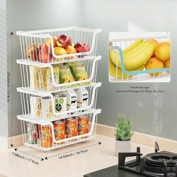 GAOKASE 4 Pcs Stackable Wire Baskets for Pantry Organizers and Storage, | Vegetable Fruit Basket for Countertop,Kitchen Storage Metal Baskets,Produce Potato Onion Storage Bin,White - Image 2