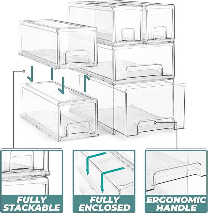 Sorbus Clear Stackable Storage Drawers with Handles (2 Large + 4 Small) - Image 4