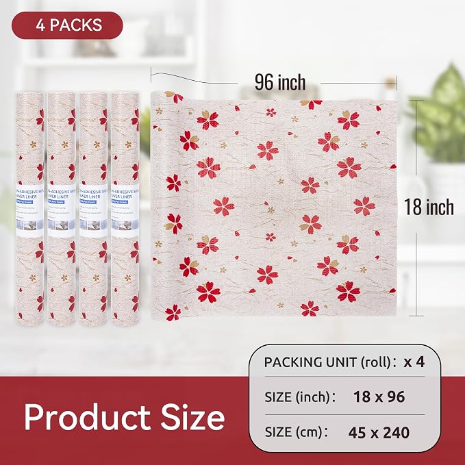 FIFTY FEET 18"x96" Non-Adhesive Shelf Liner for Kitchen Cabinets and Drawers, Washable Non-Slip PVC Cabinet Liner (Red Floral)(4 Roll) - Image 5