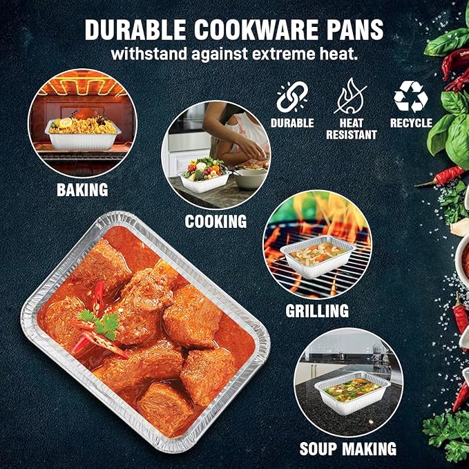 Diplastible Oblong Disposable Aluminum Pans with Lids - 10 Pack - 8.5 x 6 x 2.5 in 5-lb Pan with Foil Covers Perfect for Baking Cooking Food and Storage Container - Image 3