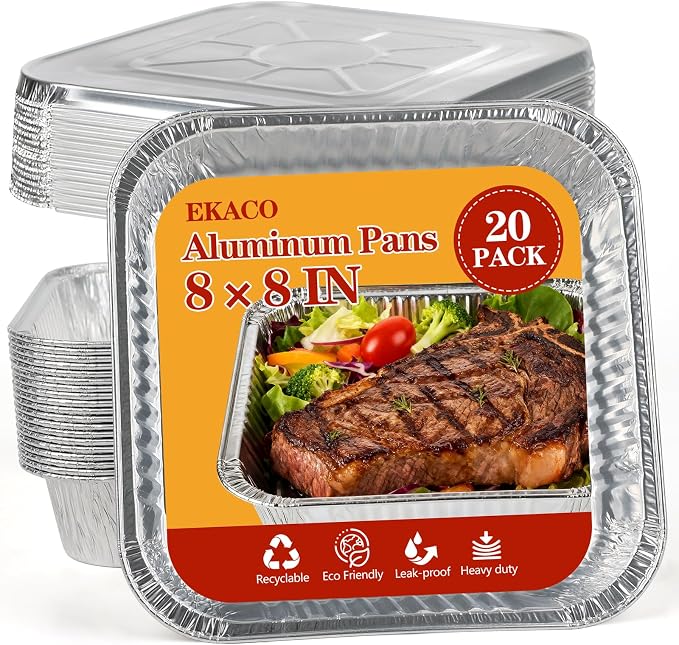 20 Pack Thickened 8x8 Disposable Aluminum Foil Pans with Lids by EKACO