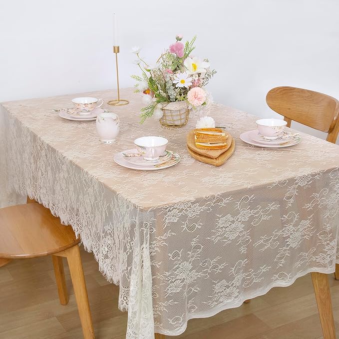 Set of 2 Ivory Lace Tablecloths Rectangle Chic Wedding Embroidered Fabric - Image 4