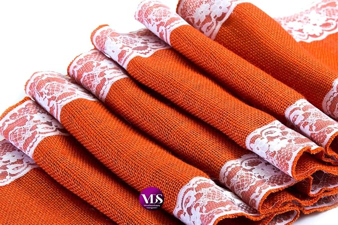 VDS Pack of 5, Burlap Table Runner with White Lace Edge, 100% Natural Jute Rustic Hessian Table Cloth Centerpiece for Wedding Birthday Party Banquet Table Decoration (Size 12X108 Inch)(Orange) - Image 2