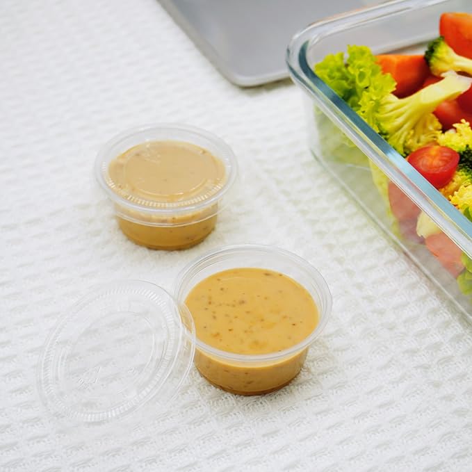 TashiBox Plastic Portion Cups with Lids [2 Ounce, 200 Sets] Disposable Plastic Cups for Meal Prep, Salad Dressing, Jellos Shot Cups, Souffle Cups, Condiment & Dipping Sauce Cups - Image 5