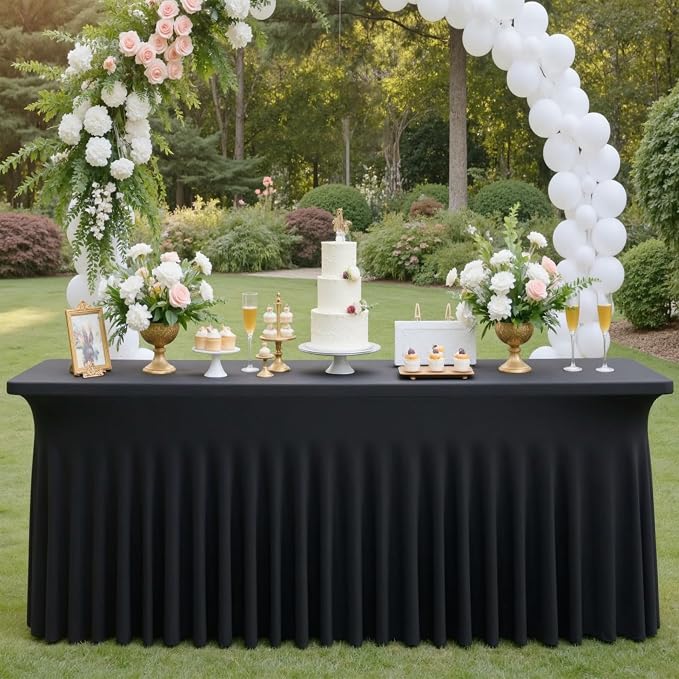 2 Pack Black Spandex Tablecloth 6ft with Ruffled Skirt,Wrinkle Free High Stretch Fitted Tablecloths for 6 Foot Rectangle Tables,Pleated Elastic Spandex Table Covers 6ft for Parties Wedding Banquet - Image 4