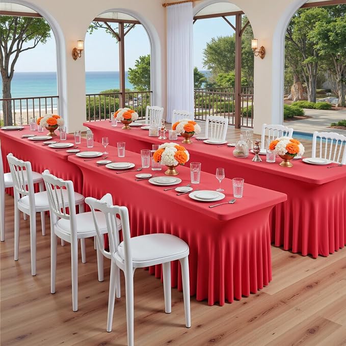 4 pk Red Spandex Tablecloth 6ft with Ruffle Skirt,Wrinkle Free High Stretchy Fitted Tablecloths for 6 Foot Rectangle Tables,Pleated Spandex Table Covers 6ft for Christmas Parties Banquet Weddings - Image 3