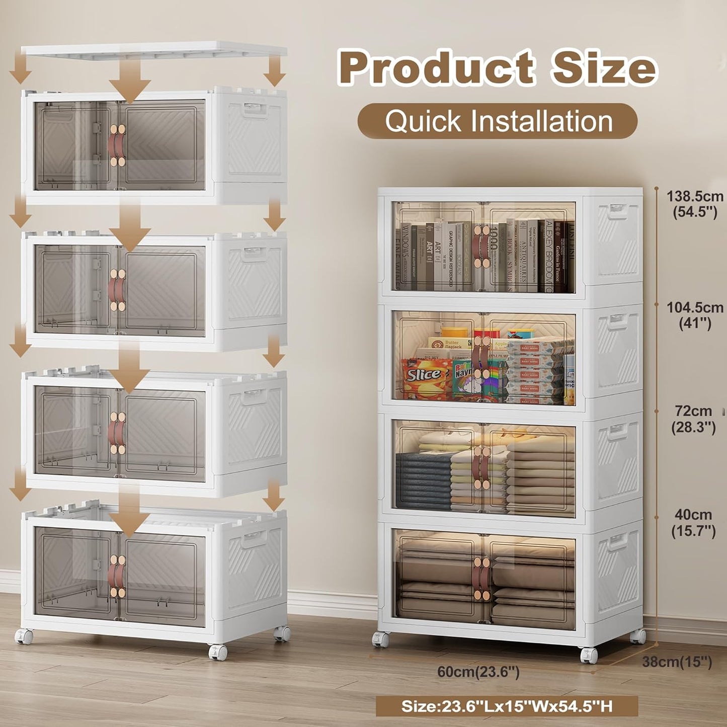 SAILUN 331QT/82 Gal Extra Stackable Storage Bins Large Collapsible Storage Bins with Wheels and Lid, Open Front Folding Closet Organizers and Storage,4Pack 23.6" W x 15" D x 54" H