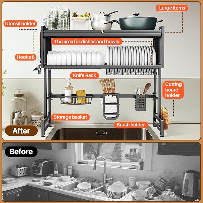 Over The Sink Dish Drainer Drying Rack 3 Tiers with Cover, Keep Kitchen Sink Shlef Organized Space-Saving Dish Drying Rack, Large Stainless Steel Sink Dish Rack for Dishes, Bowls, Cutlery (37.4"w) - Image 4