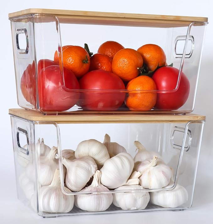 2 Pack Pantry Organizers Stackable Storage Bins Open Front with Lids for Fruit Garlic Snack Bread Produce - Clear Holder for Kitchen Laundry Countertop or Under Sink Organizer (Small) - Image 5