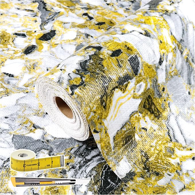Drawer and Shelf Liner - Yellow Black Marble Pattern Non Adhesive by Kimhan