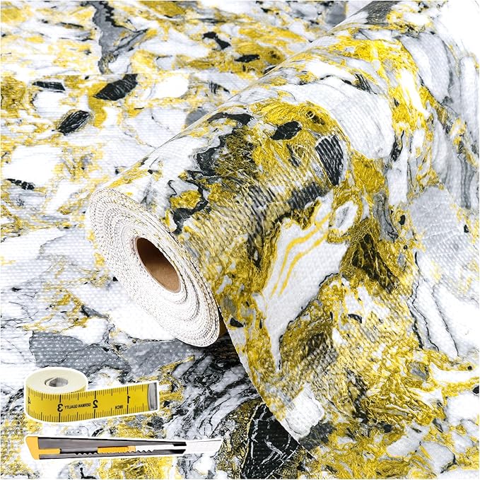 Drawer and Shelf Liner - Yellow Black Marble Pattern,Non Adhesive by Kimhan