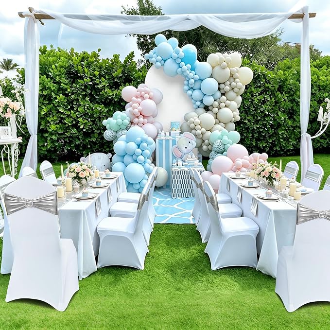 LEBENGURU Metallic Silver Stretch Chair Sashes 50pcs with Buckle Slider - Image 8