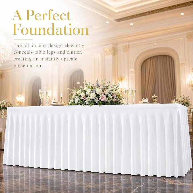 3 Pack White Spandex 6ft Rectangle Tablecloths with Skirts - Image 6