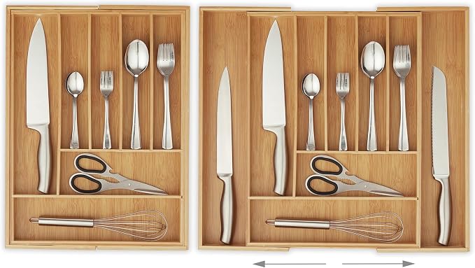 Relaxdays 10032171 Bamboo Cutlery Tray, Extendable, Cutlery Tray for Drawers, 7 to 9 Compartments, HBT 5 x 49, 5 x 44.5 cm, Natural, MDF - Image 3