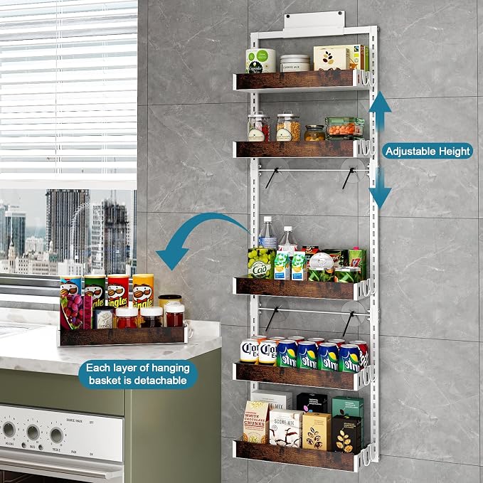 bukfen Over the Door Pantry Organizer, 6-Tier Adjustable Wooden Basket Kitchen Pantry Door Organization and Storage, Heavy-Duty Metal Hanging Kitchen Spice Rack,D6.3 x W17.71 x H50.60 inch,White - Image 4