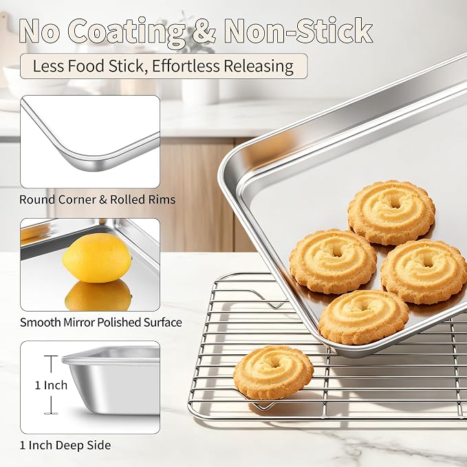 TeamFar Stainless Steel Toaster Oven Pan with Rack Set, 9"x7"x1" | 2 Pans + 2 Racks, Toaster Oven Baking Pan Tray with Cooling Rack for Cooking, Non-Toxic & Rust Proof, Dishwasher Safe - Image 3